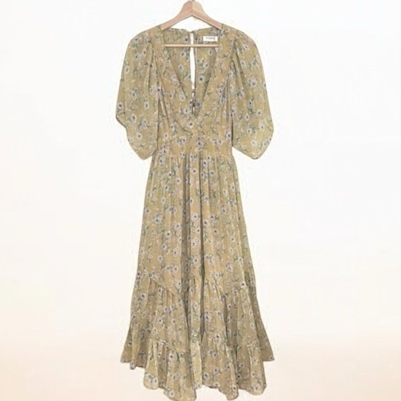 Storia Clarity Tiered Ruffle Floral Cottage Core Washed Yellow Maxi Dress Med - Picture 16 of 16